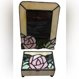 Vintage Stained Leaded Glass Rose Flower Leaf Photo Pictur Frame Trinket Box Set